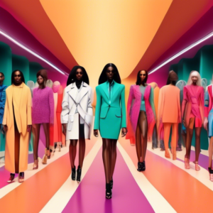 A fashion runway split down the middle, one side with diverse models with unique features and clothing, the other side with rows of identical AI-generated models wearing the same outfit.