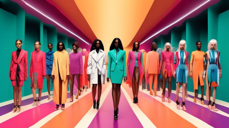 A fashion runway split down the middle, one side with diverse models with unique features and clothing, the other side with rows of identical AI-generated models wearing the same outfit.