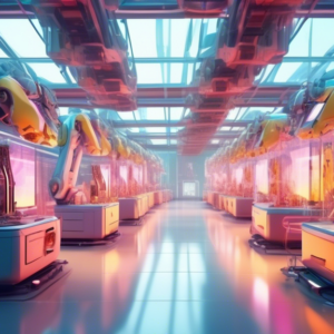 A futuristic factory interior, bathed in warm light, with robotic arms assembling luxury handbags and AI algorithms displayed on transparent screens.