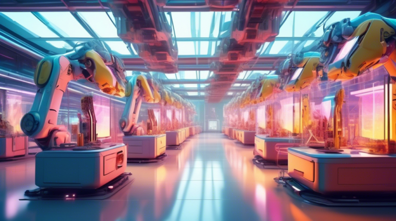 A futuristic factory interior, bathed in warm light, with robotic arms assembling luxury handbags and AI algorithms displayed on transparent screens.