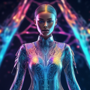 A futuristic AI interface generating a holographic female fashion model with intricate clothing designs and glowing lines.