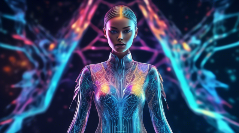 A futuristic AI interface generating a holographic female fashion model with intricate clothing designs and glowing lines.