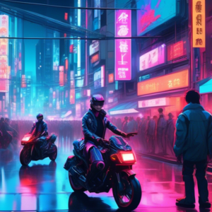 A futuristic Tokyo street scene with crowds in cyberpunk clothing, neon signs with Japanese characters, and a holographic motorcycle reminiscent of the one in Akira.