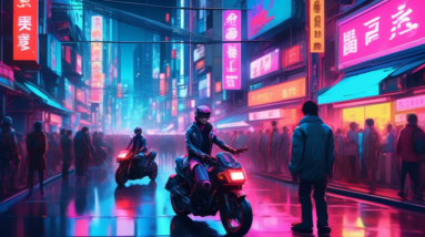 A futuristic Tokyo street scene with crowds in cyberpunk clothing, neon signs with Japanese characters, and a holographic motorcycle reminiscent of the one in Akira.