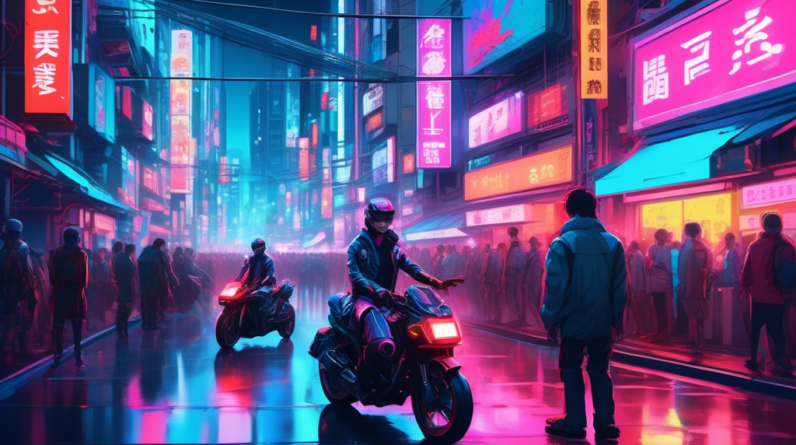 A futuristic Tokyo street scene with crowds in cyberpunk clothing, neon signs with Japanese characters, and a holographic motorcycle reminiscent of the one in Akira.