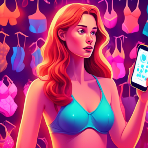 A confused woman surrounded by piles of swimsuits uses an AI app on her phone that recommends a perfect fitting swimsuit with a glowing light.