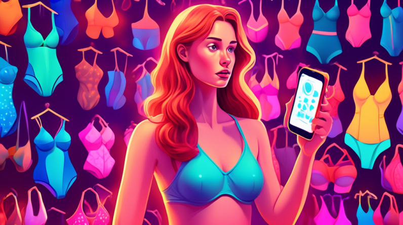 A confused woman surrounded by piles of swimsuits uses an AI app on her phone that recommends a perfect fitting swimsuit with a glowing light.