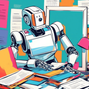 A fashionable AI robot nervously checking itself in a mirror, surrounded by piles of legal documents and style guides.