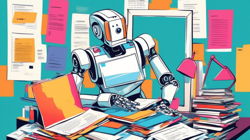 A fashionable AI robot nervously checking itself in a mirror, surrounded by piles of legal documents and style guides.