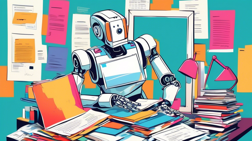 A fashionable AI robot nervously checking itself in a mirror, surrounded by piles of legal documents and style guides.