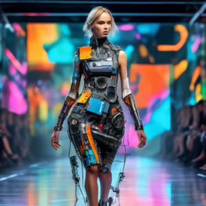 A fashion model walks a runway wearing a futuristic, sustainable dress made from recycled car parts, with a robotic arm adjusting the garment and AI interface graphics in the background.