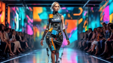 A fashion model walks a runway wearing a futuristic, sustainable dress made from recycled car parts, with a robotic arm adjusting the garment and AI interface graphics in the background.