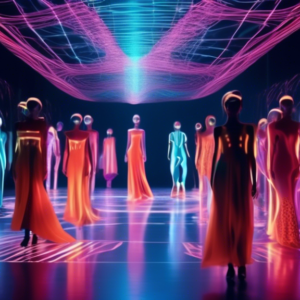 A futuristic fashion show where models wear garments created by artificial intelligence, with glowing lines and digital patterns projected onto their flowing silhouettes.