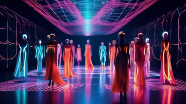 A futuristic fashion show where models wear garments created by artificial intelligence, with glowing lines and digital patterns projected onto their flowing silhouettes.