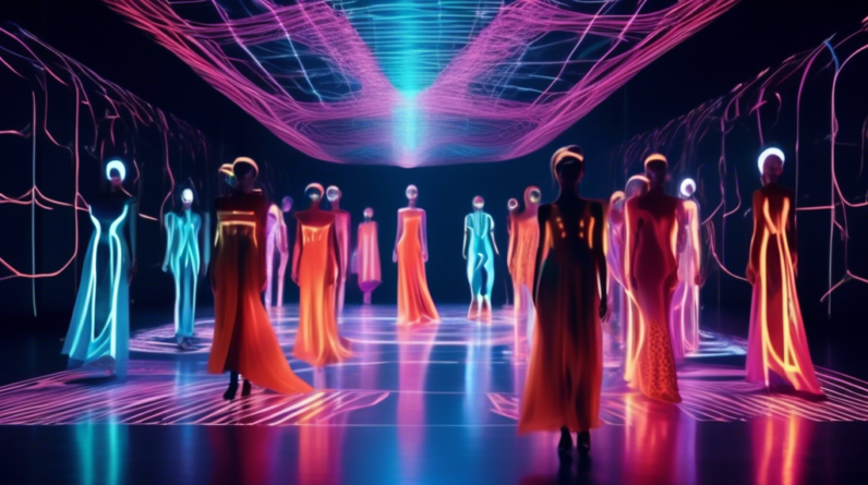 A futuristic fashion show where models wear garments created by artificial intelligence, with glowing lines and digital patterns projected onto their flowing silhouettes.