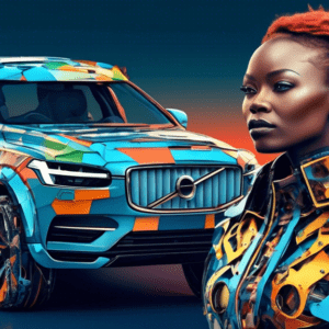 A South African celebrity wearing a futuristic outfit made from recycled car parts, designed by artificial intelligence, with the Volvo logo in the background.