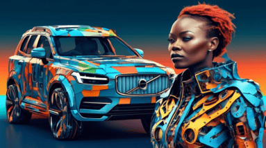 A South African celebrity wearing a futuristic outfit made from recycled car parts, designed by artificial intelligence, with the Volvo logo in the background.