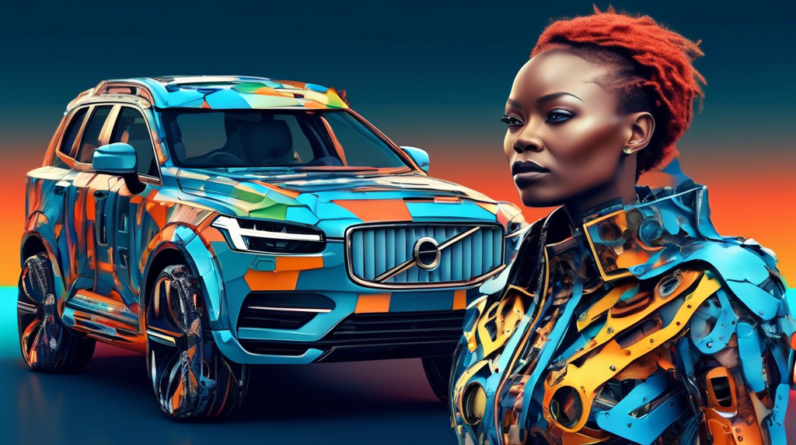 A South African celebrity wearing a futuristic outfit made from recycled car parts, designed by artificial intelligence, with the Volvo logo in the background.