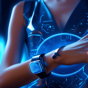 A sleek and futuristic smartwatch and ring with glowing blue AI circuitry, worn by a fashion model on a runway.