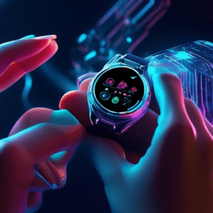 A futuristic smartwatch and smart ring seamlessly merging with a fashion model's hand, glowing with intricate AI circuitry underneath a sleek, stylish exterior.