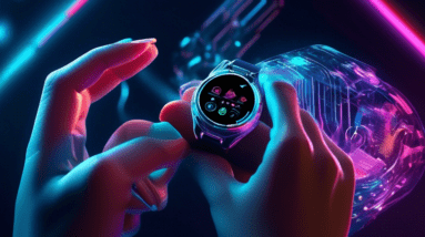 A futuristic smartwatch and smart ring seamlessly merging with a fashion model's hand, glowing with intricate AI circuitry underneath a sleek, stylish exterior.