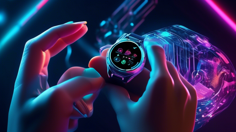 A futuristic smartwatch and smart ring seamlessly merging with a fashion model's hand, glowing with intricate AI circuitry underneath a sleek, stylish exterior.