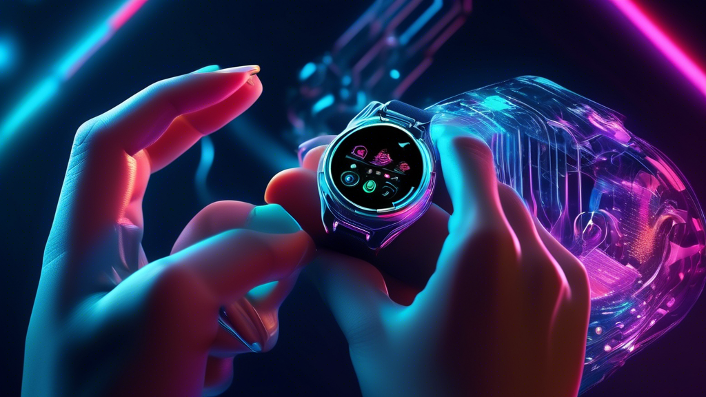 A futuristic smartwatch and smart ring seamlessly merging with a fashion model's hand, glowing with intricate AI circuitry underneath a sleek, stylish exterior.
