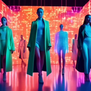 A futuristic fashion show with models wearing sustainable clothing designed by artificial intelligence, surrounded by glowing data visualizations and algorithms.