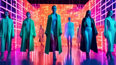 A futuristic fashion show with models wearing sustainable clothing designed by artificial intelligence, surrounded by glowing data visualizations and algorithms.