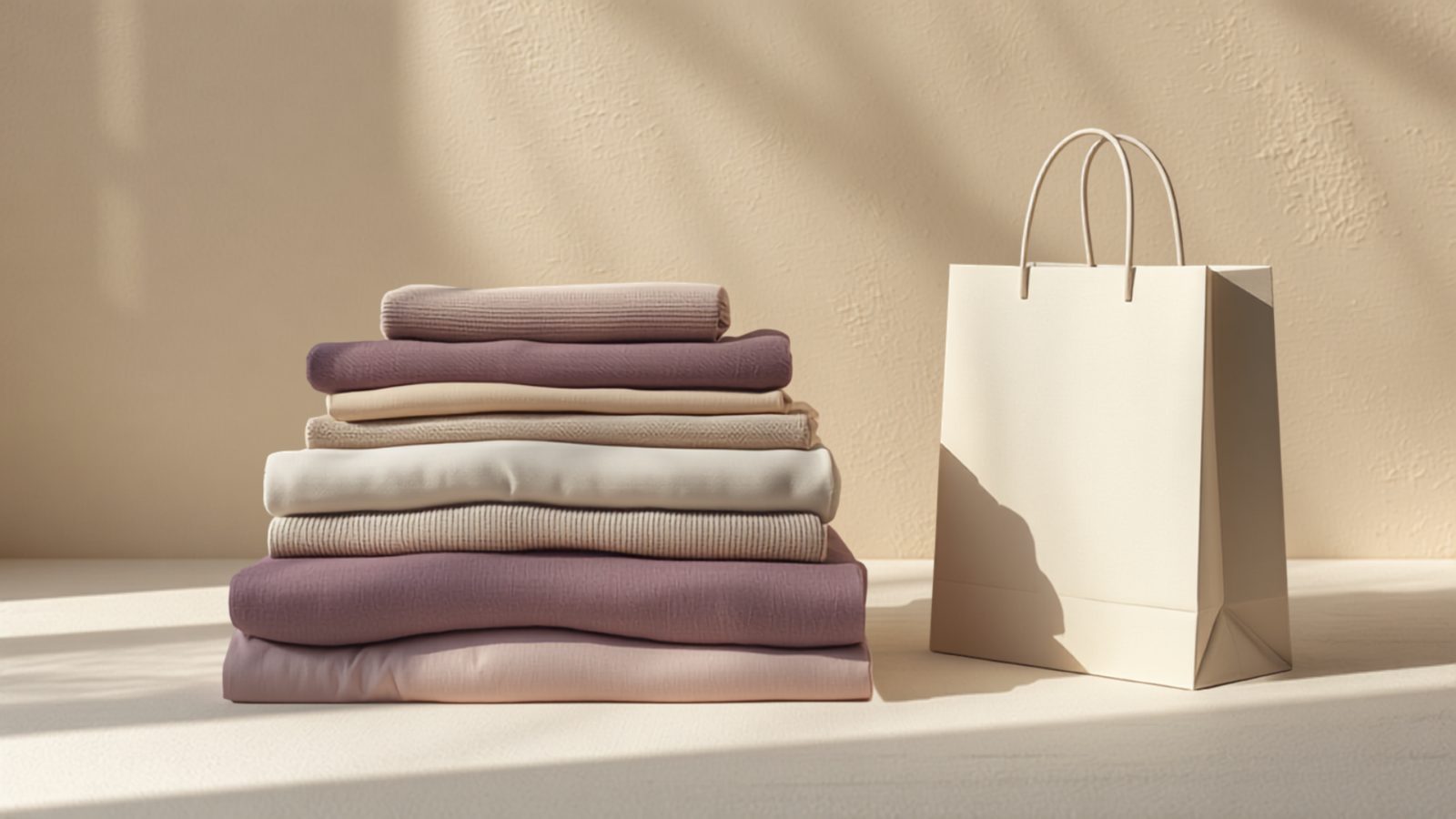 Folded fashion garments in muted purple and cream tones stacked beside a shopping bag, representing AI-powered fashion retail checkout