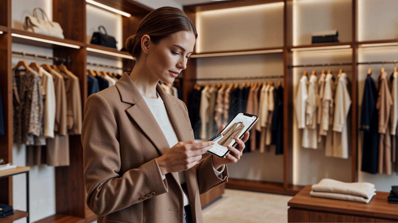 Woman using an AI virtual try-on app on her phone in a luxury fashion boutique