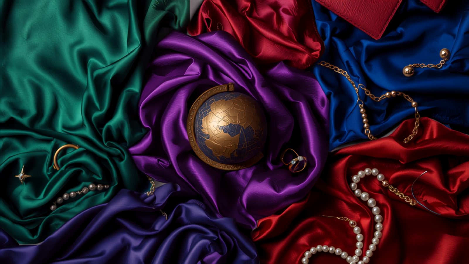 Jewel-toned silk fabrics draped around a decorative gold globe with luxury jewelry, symbolizing global luxury fashion access