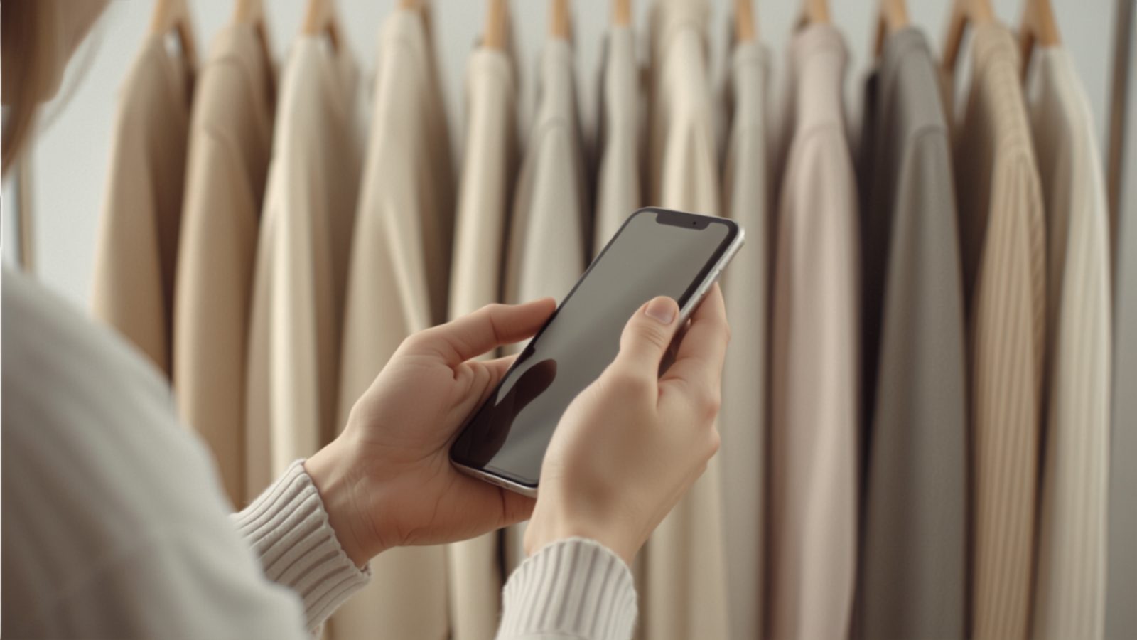 Close-up of hands using a smartphone while browsing a clothing rack, representing AI-assisted fashion shopping