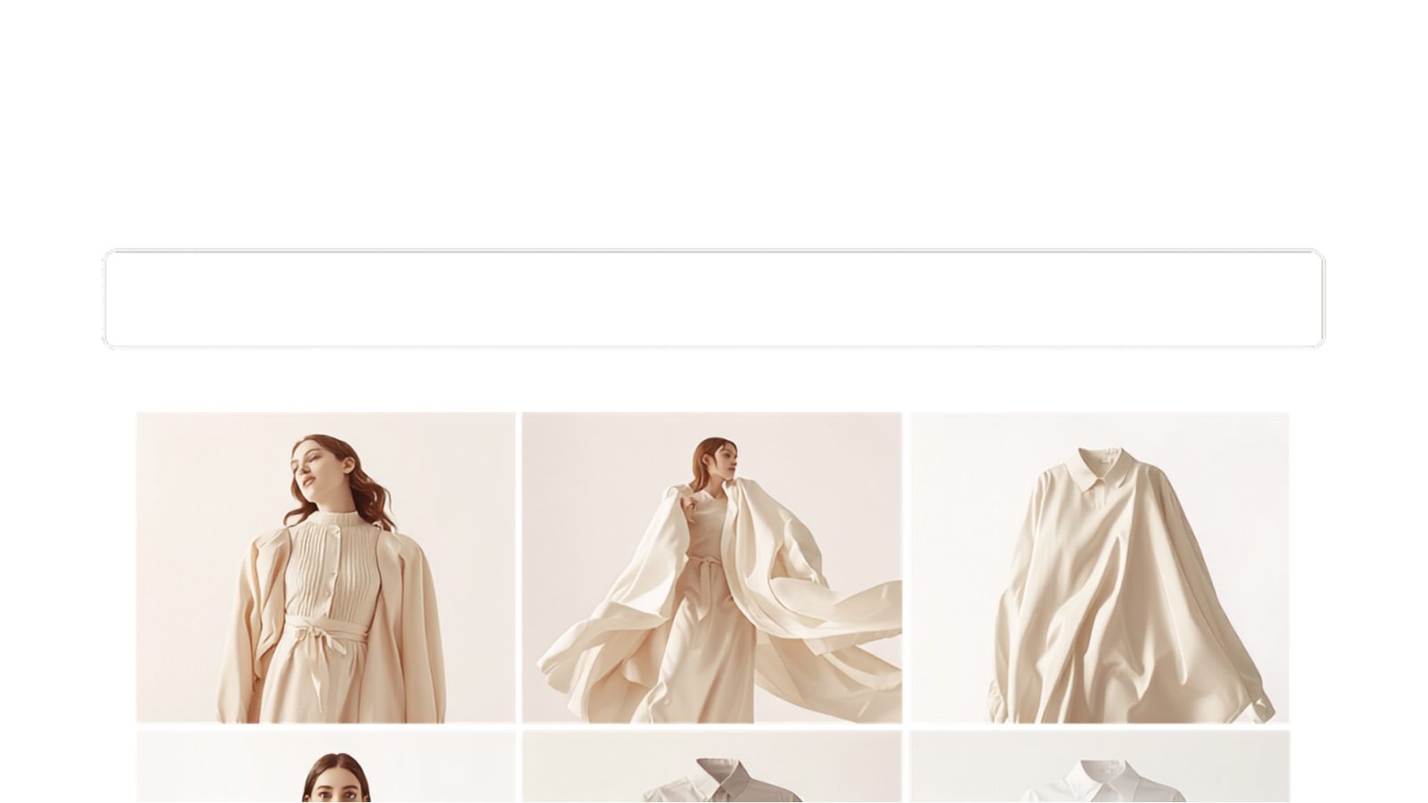 Minimalist fashion e-commerce website with an empty AI search bar above a grid of clothing product photos