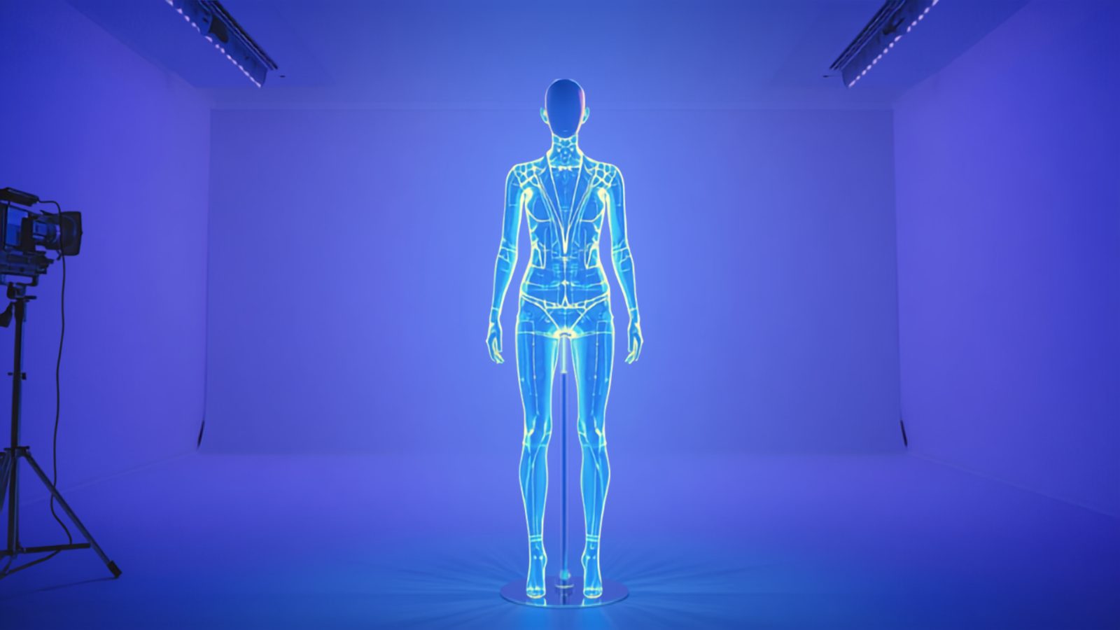 Glowing holographic digital fashion model standing in a blue-lit studio, representing AI-generated fashion photography