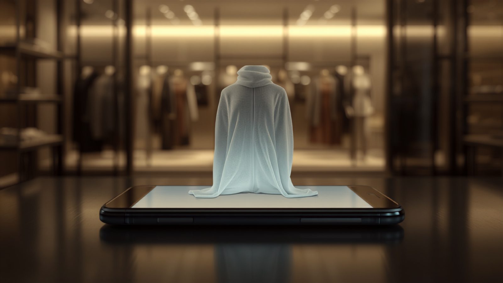 A translucent digital garment simulation floating above a smartphone screen inside a modern fashion boutique