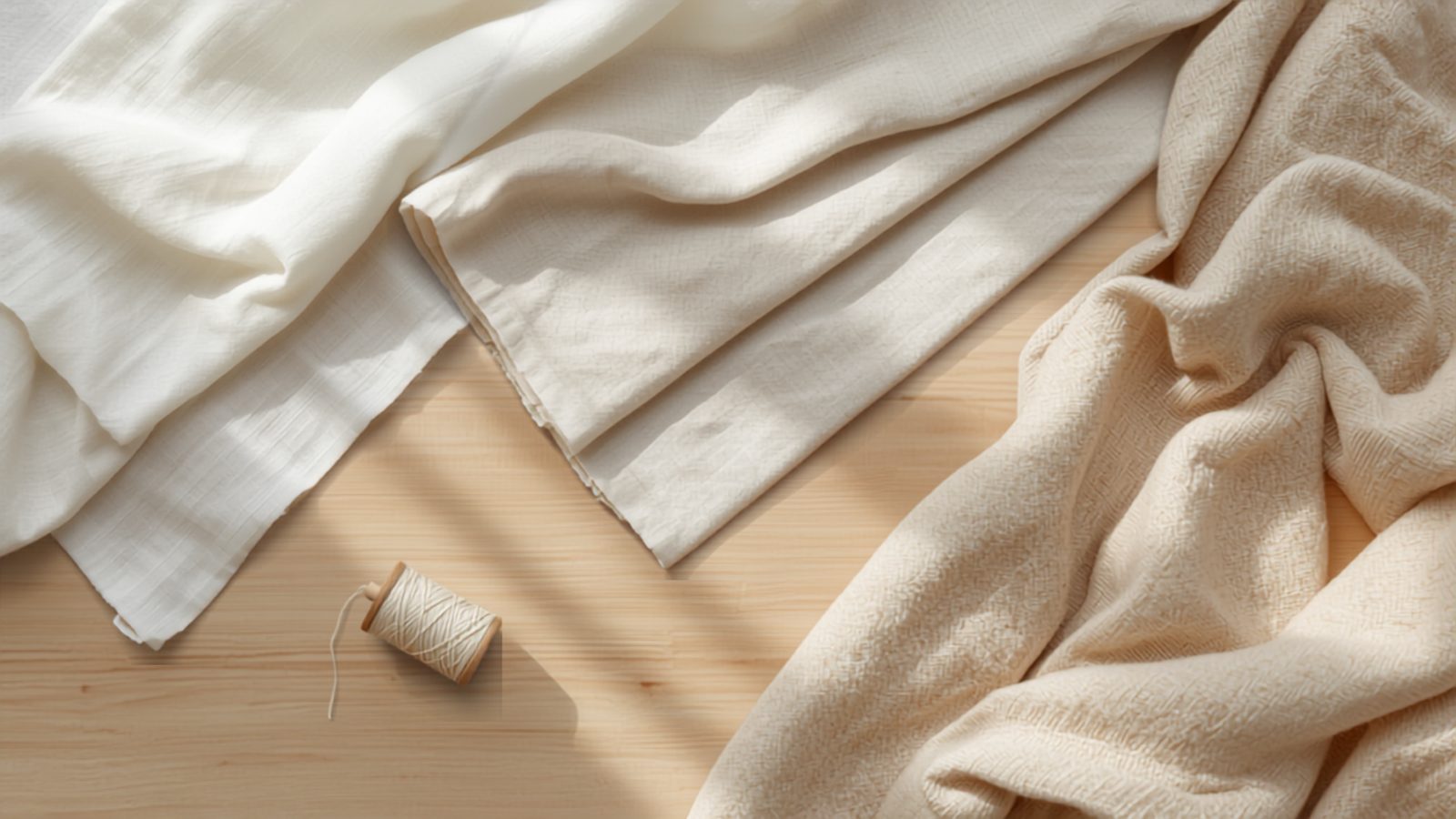 Folded neutral-toned fabric swatches and a spool of thread on a light wood tabletop