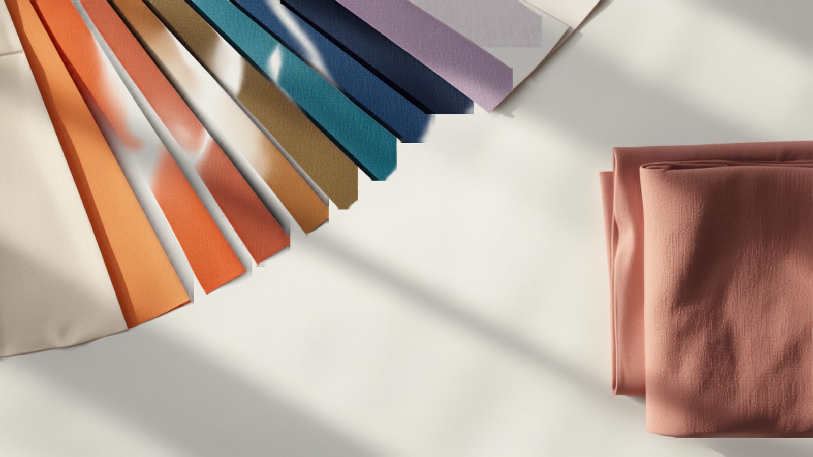 Fanned arc of warm and cool fabric colour swatches beside folded fabric on a neutral surface in soft daylight