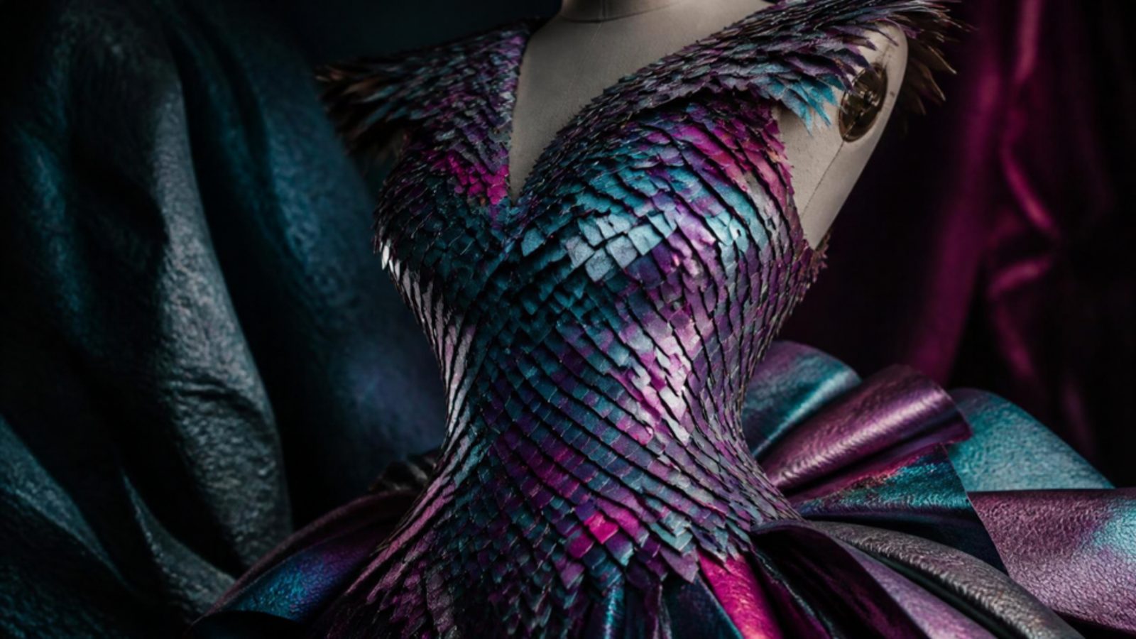 Sculptural evening dress on a dress form covered in color-shifting teal and magenta scales