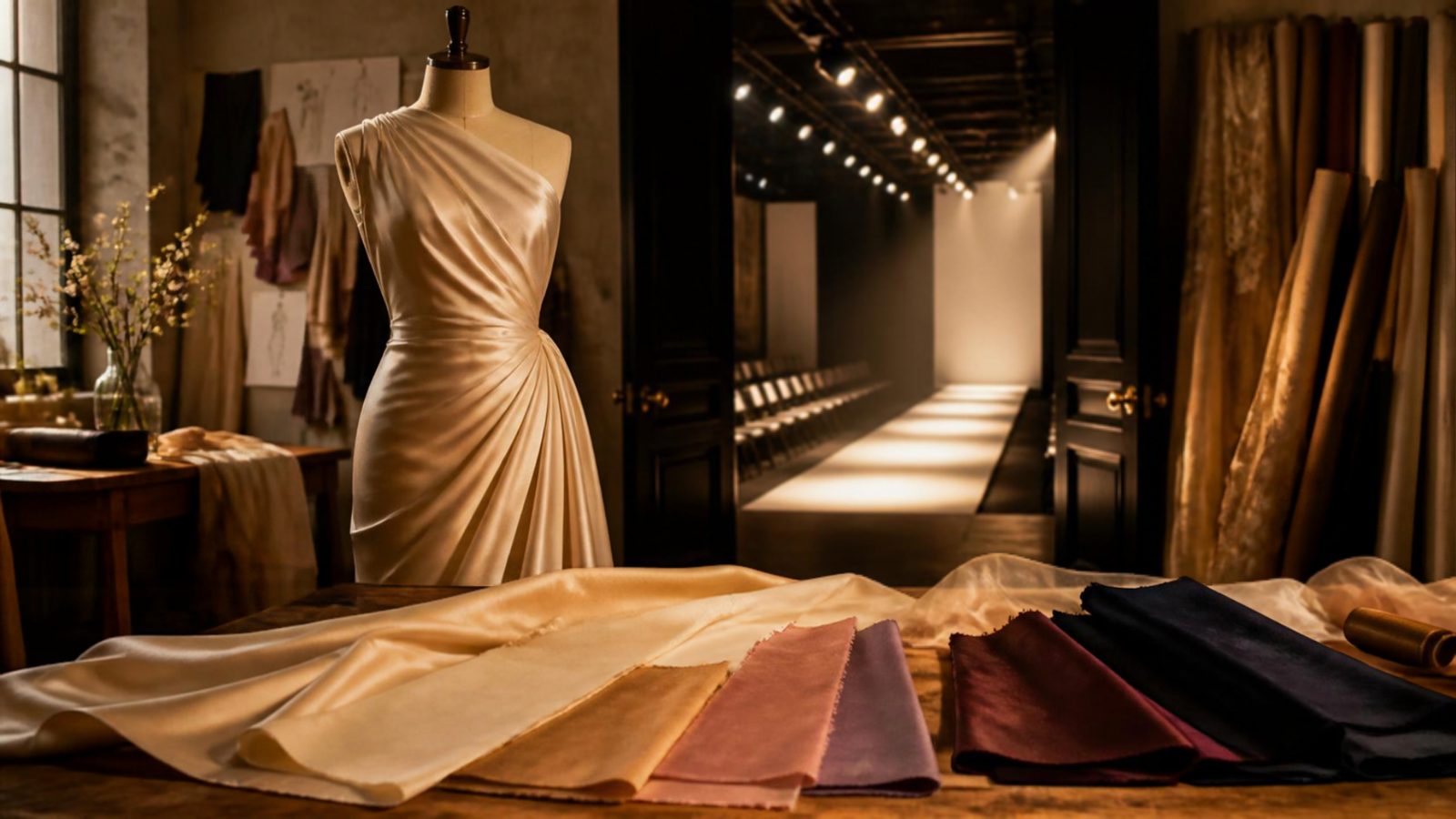 Designer's studio with a silk gown on a dress form and fabric swatches, an empty lit runway visible through the doorway