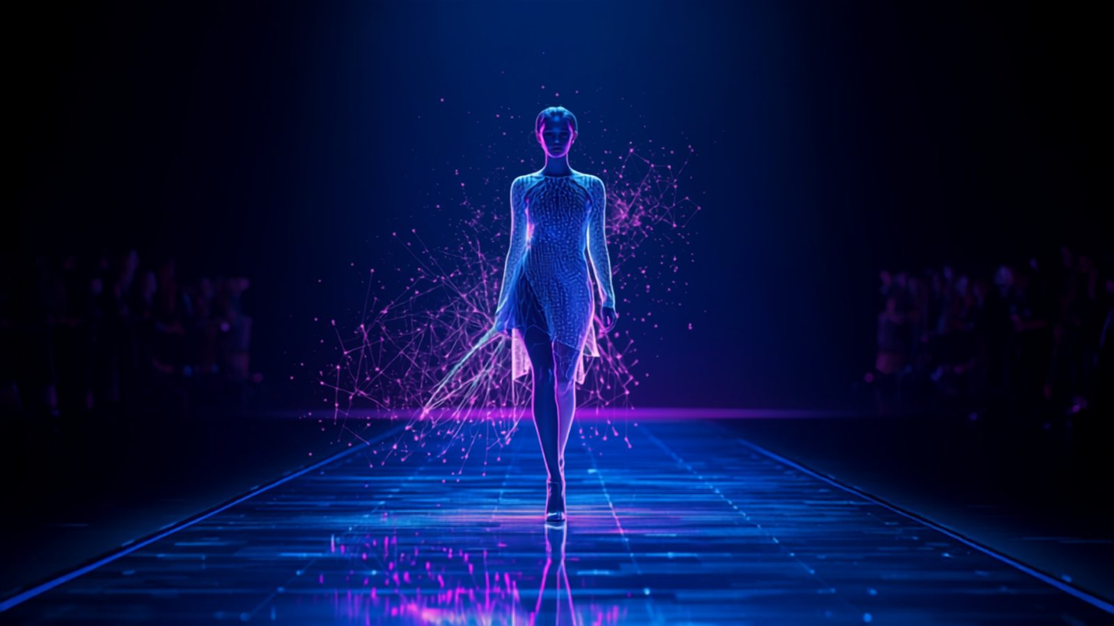 Digital model on illuminated runway with abstract AI data network overlay, representing AI-powered runway trend analysis