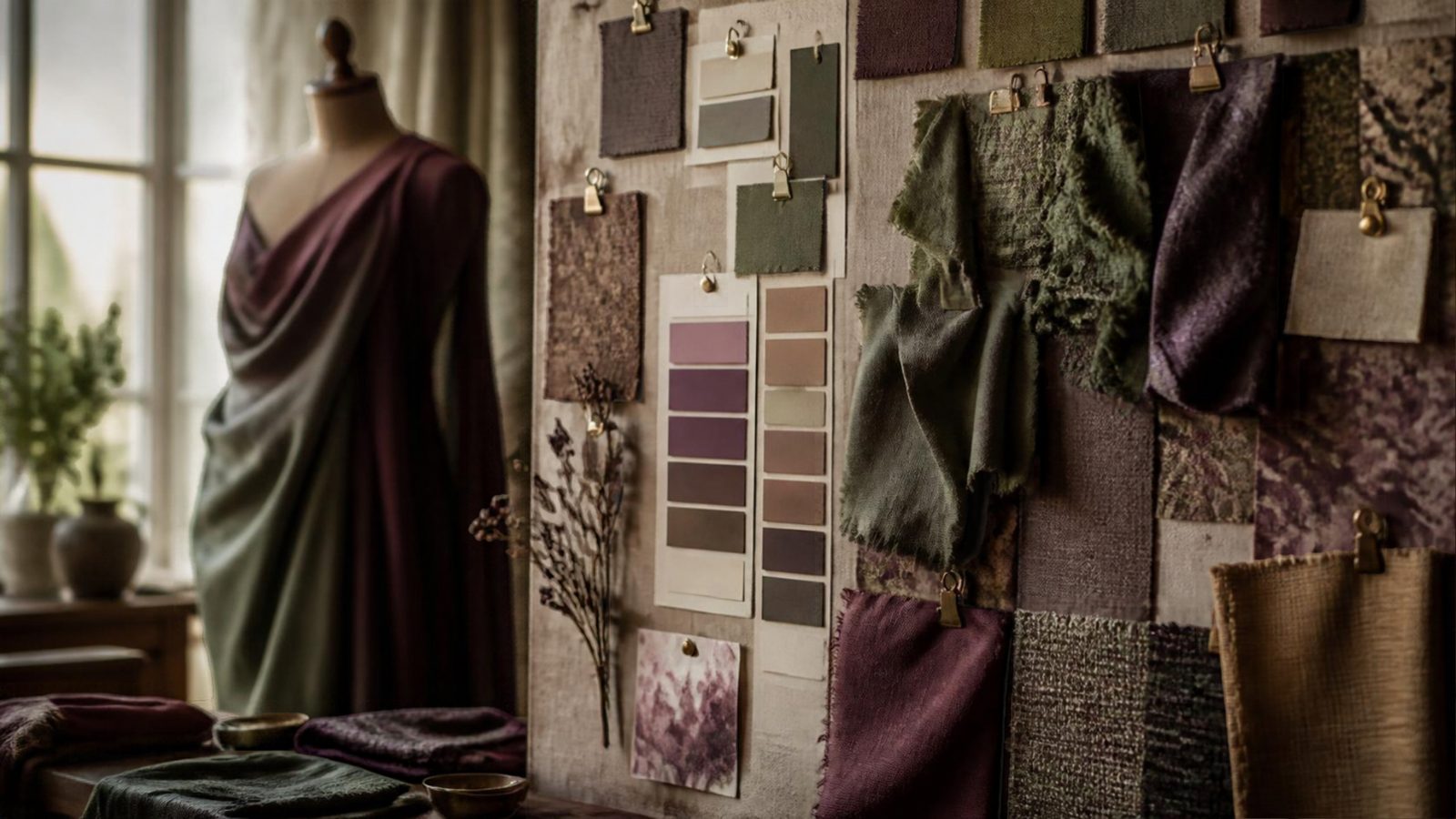 Fashion design studio mood board with fabric swatches and color chips beside a draped dress form