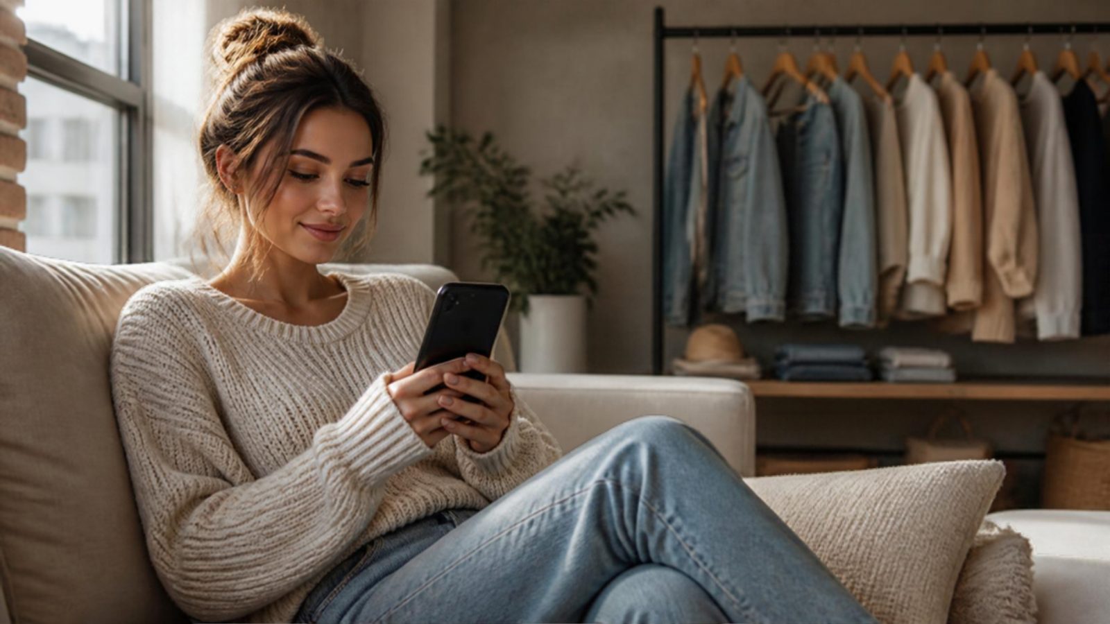 Woman on a sofa shopping for clothes on her smartphone, with a rack of denim and knitwear behind her