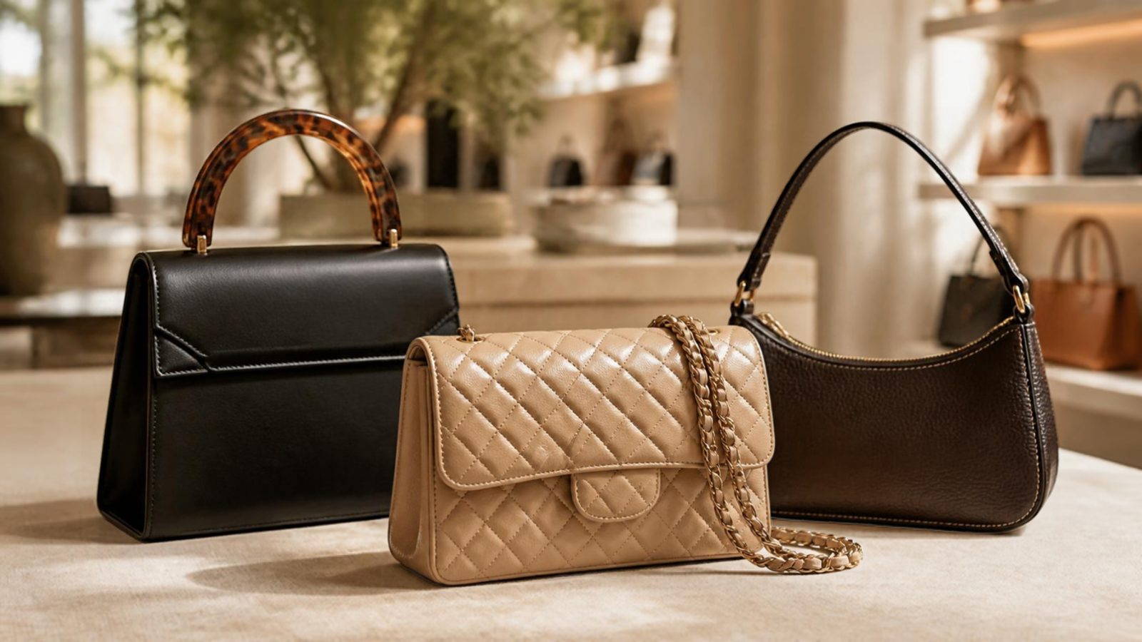 Three pre-owned leather handbags, a black top-handle bag, a beige quilted flap bag and a brown shoulder bag, on a table in a luxury resale boutique
